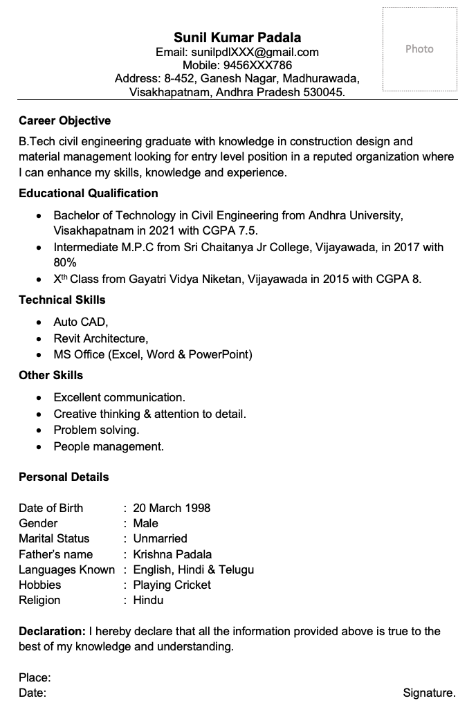 resume template for freshers engineers